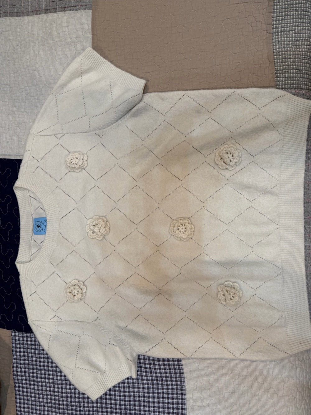 CeCe Cream Crewneck Short-Sleeve Knit Sweater with Crochet Flower Accents